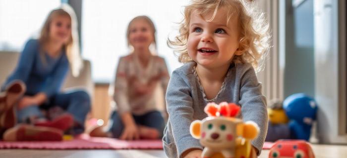 A child playing at preschool with her parents